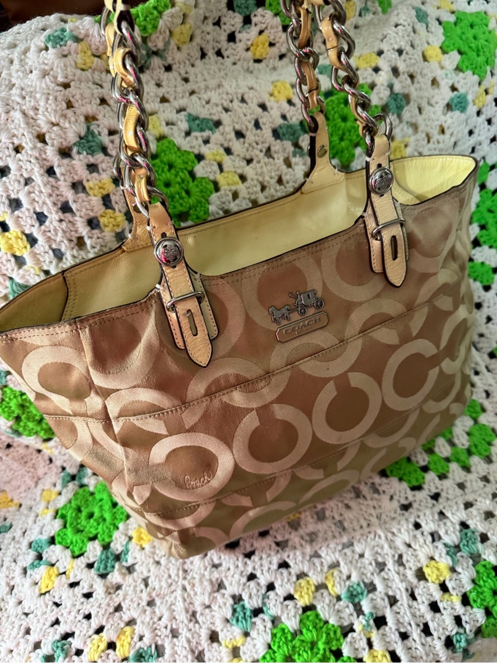 Coach Tan and Beige Signature Chain-Handle Tote